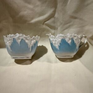 Vintage Blue and White Porcelain sugar and creamer. Texture of white is amazing